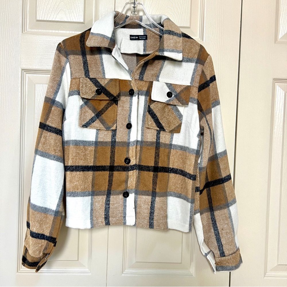 SHEIN Plaid Jacket in Brown and White